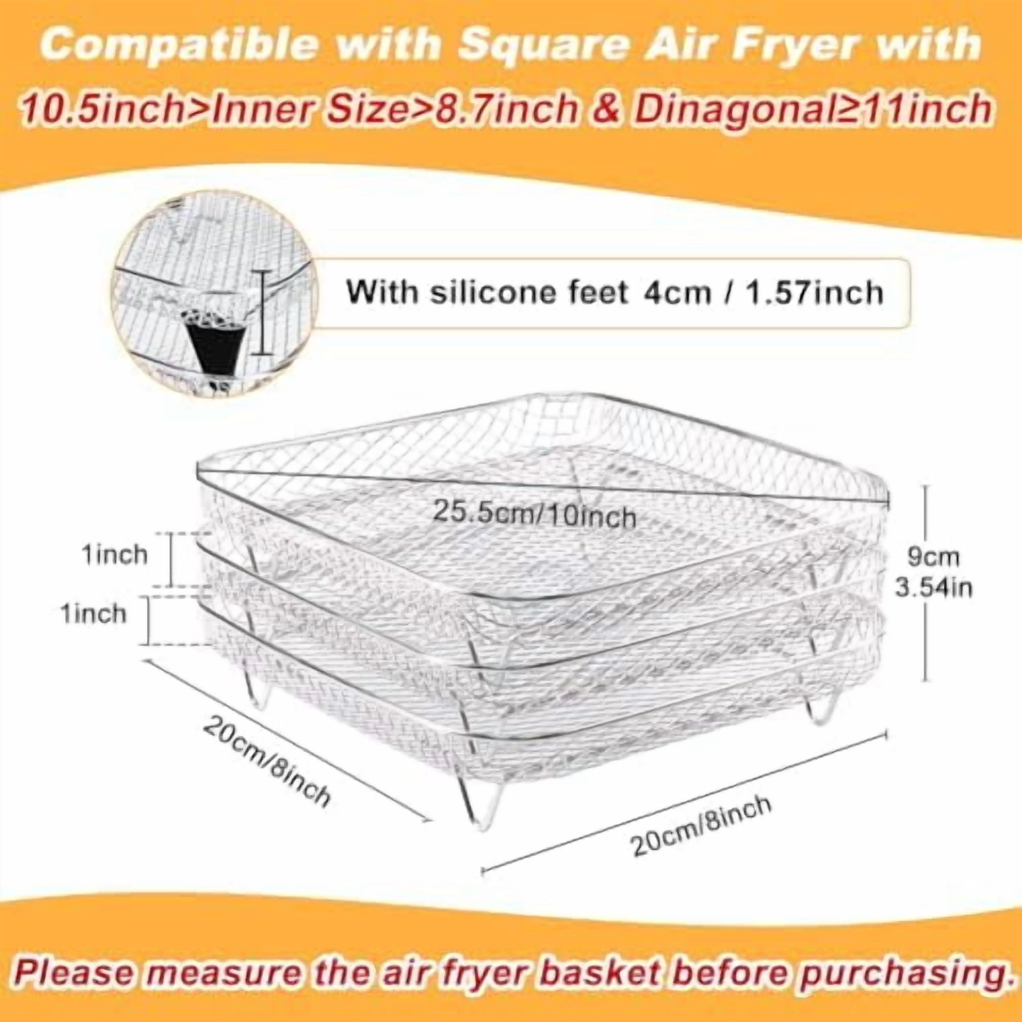 8 inch Square Air Fryer Rack, 3pcs Stackable Stainless Steel Dehydrator Rack with Silicon Feet, Square Air Fryer Accessories for Cosori, Instant Vortex, Ninja Pro XL 6.5 QT AF181 & More