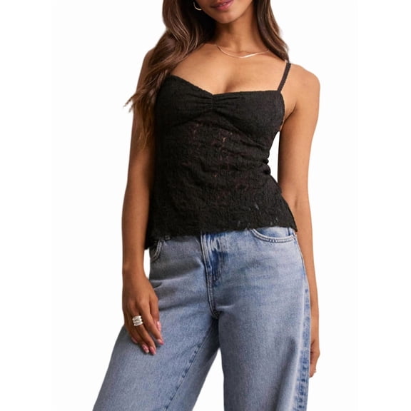 Women Lace Camisole Tank Tops Y2k Spaghetti Strap Camis Going Out Top Black S
