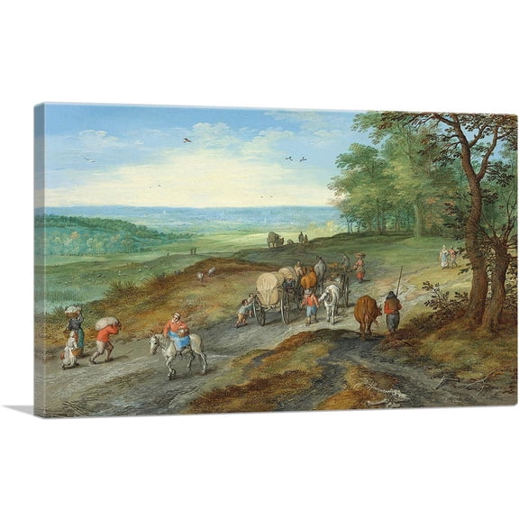 ARTCANVAS Panoramic Landscape With Covered Wagon Travelers On Highway Canvas Art Print by Jan Brueghel The Elder - Size: 12" x 8" (0.75" Deep)