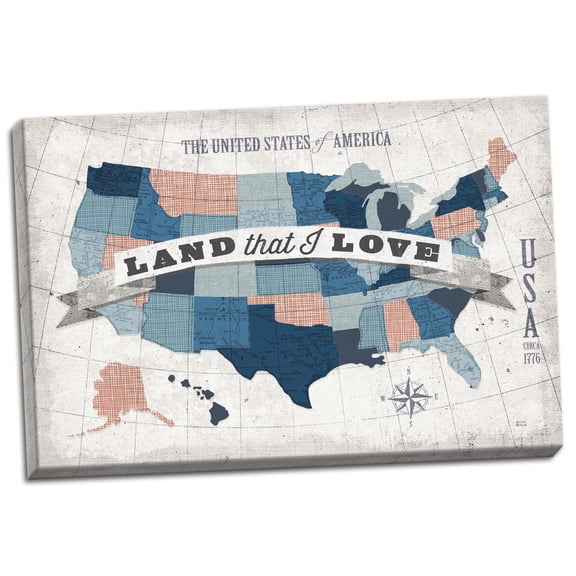 Gango Home Decor Contemporary USA Modern Vintage Blue Grey Red with Words by Michael Mullan (Ready to Hang); One 24x16in Hand-Stretched Canvas