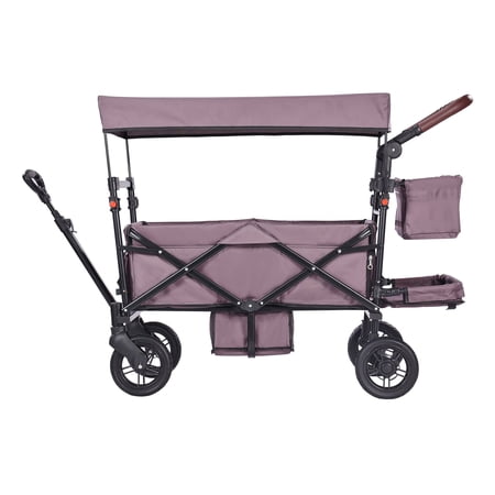 KFFKFF Collapsible Wagon Stroller for Two Kids, Push and Pull Design with Adjustable Handle, Safety Harness, Removable Canopy, 4 Wheels with Brakes, Multipurpose Tandem Stroller