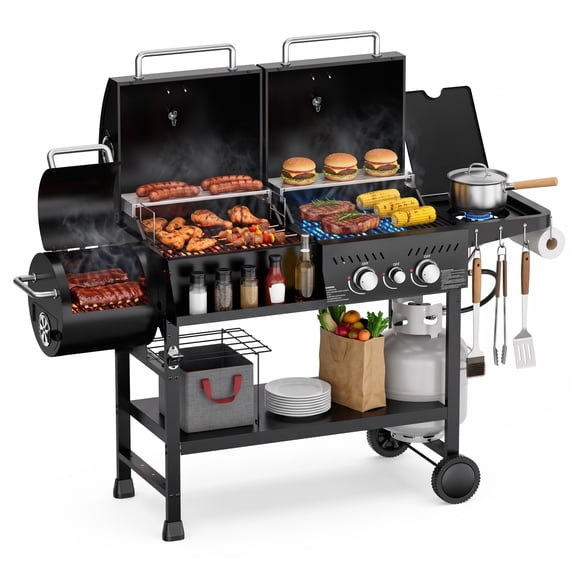 PARGRILL 2-Burner Gas and Charcoal Grill Combo with Offset Smoker and Side Burner, 808 Sq. In. Total Cooking Area, 30,000 BTU, Outdoor BBQ, Black