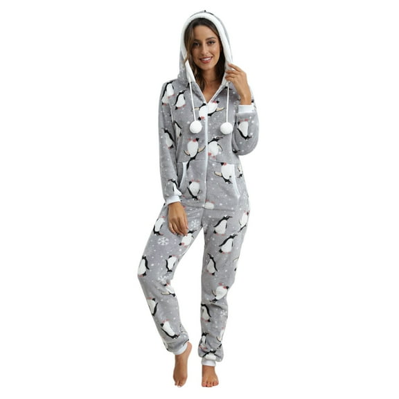 DHFJKG Womens Flannel Onesies Pajamas Jumpsuit Warm Fuzzy Penguin Printed Sleepwear One Piece Zipper Hooded Drwastring Playsuit Loungewear With Pockets Soft Homewear