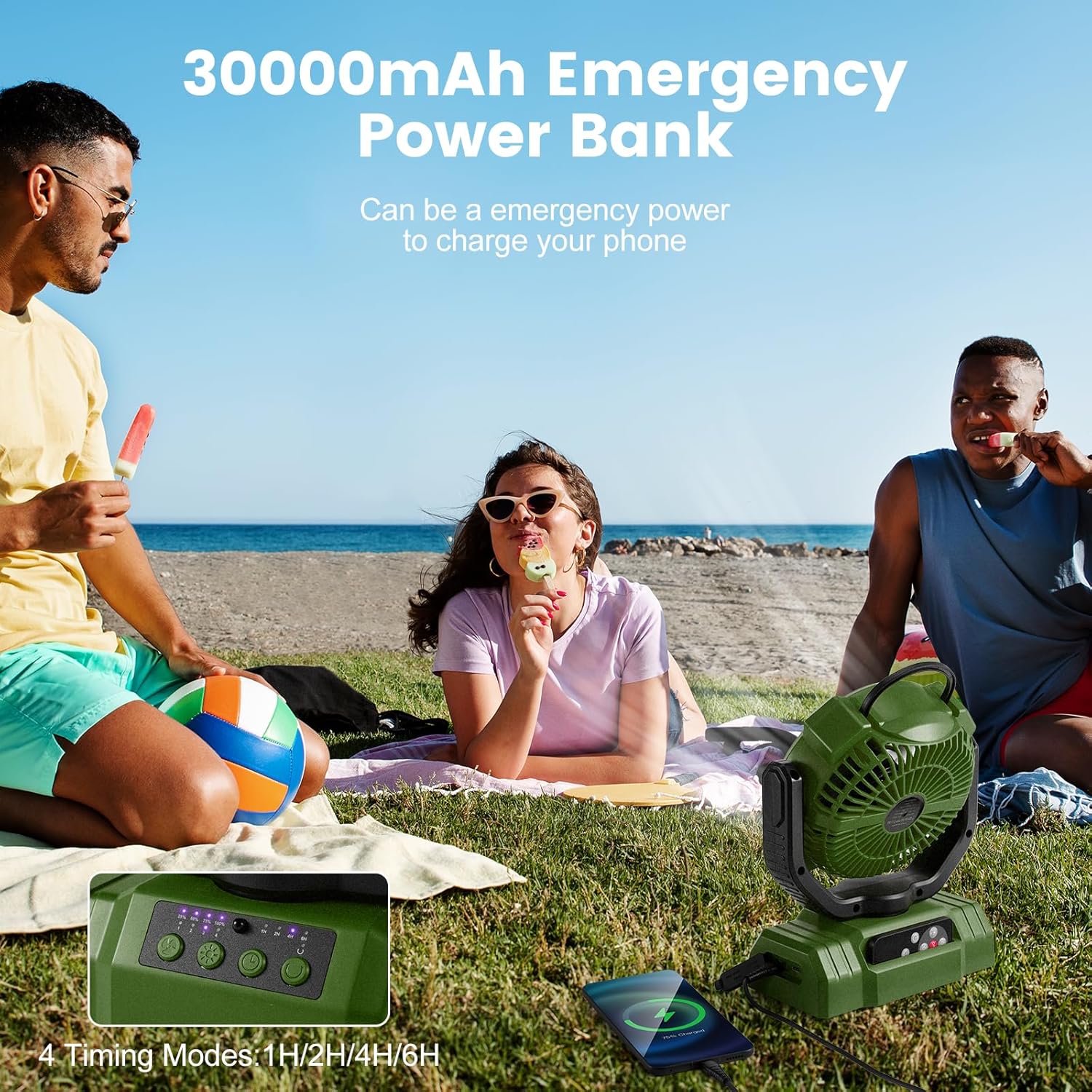30000mAh Camping Fan with LED Lantern, Rechargeable Battery Operated Oscillating Fan with Remote & Hook, Portable Tent Fan with Timer, 4 Speeds for Outdoor Camp RV Jobsite Power Outage, Green