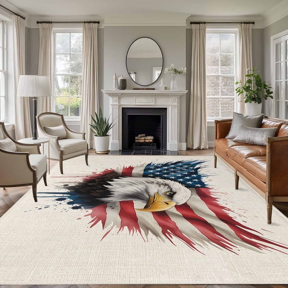Rectangle Area Rugs 5 x 7 Ft, Independence Day Non-Slip Residential Carpet, Patriotic Eagle U.S Flag Vintage Indoor Crawling Mats Runner Rugs for Living Room/Dining Room/Bedroom