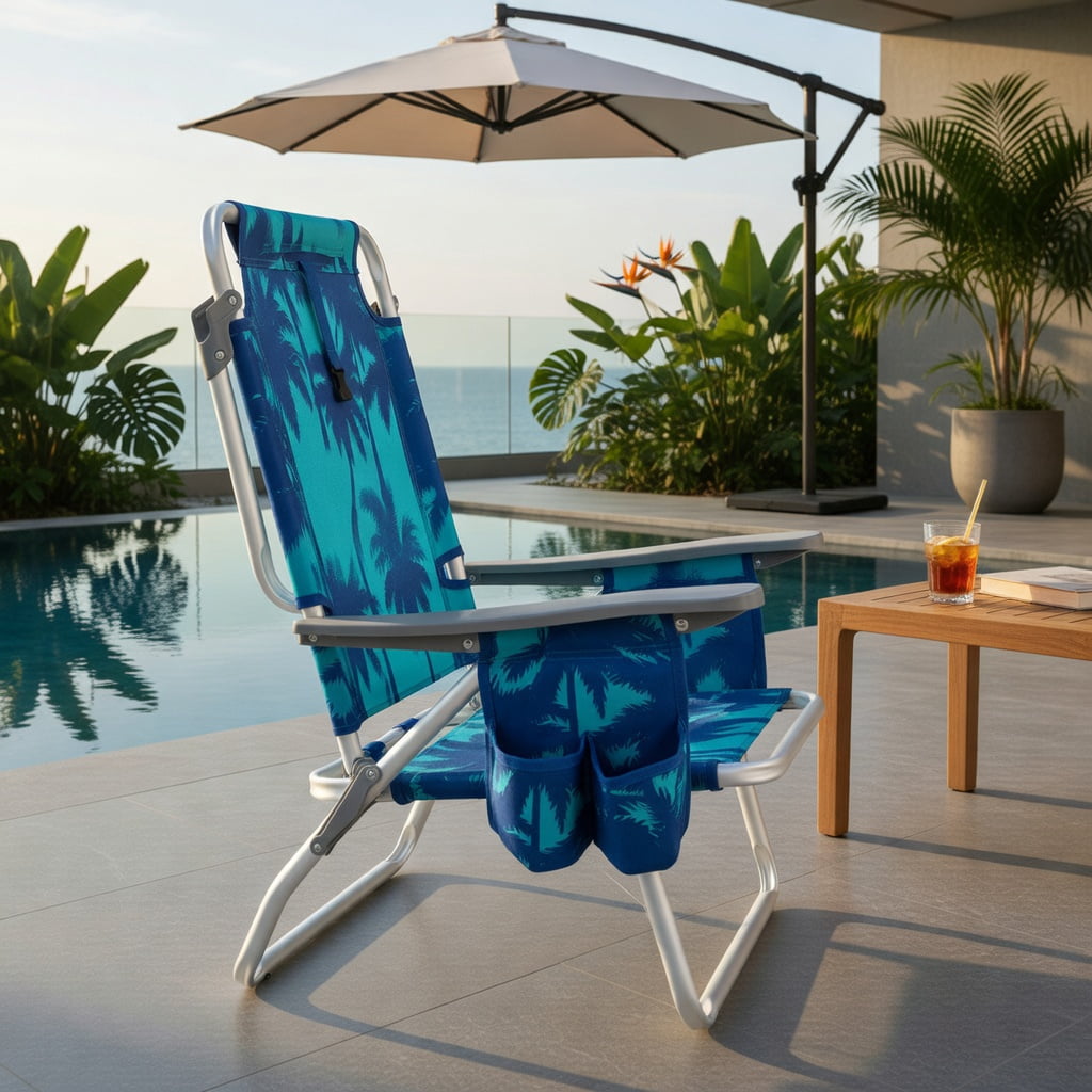 Hommoo 2-Pack Foldable Beach Chairs with Head Pillow, Adjustable Aluminum Frame, Waterproof PVC Seat, Peacock Blue