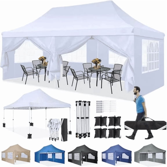 Hoteel 10'x20' Pop up Canopy with 6 Removable Sidewalls, Outdoor Canopy Tents for Parties Wedding, High Stability, Instant Sun Protection Shelter with Upgrade Raised Roof and Carry Bag,White
