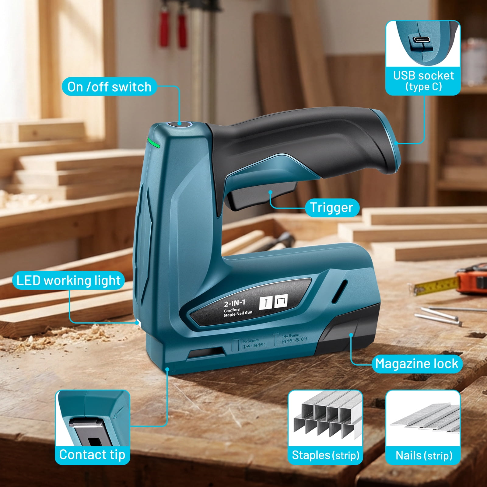 SPBTAR Electric Staple Gun, 2 in 1 Cordless Staple Gun/Brad Nailer with 2000 Staples & Nails, 2000mAh Cable Staple Gun with USB Charger for Wood, Upholstery, Carpentry, Crafts, DIY