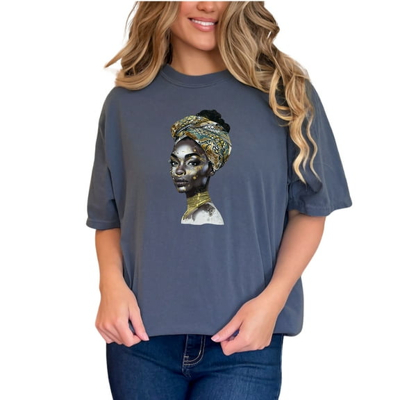 Beautiful African Woman Art T-Shirt, Afrocentric Fashion Tee, Vibrant Artwork Shirt, Ethnic Style Apparel, Unique Artistic Gift Idea, Denim Comfort Colors T-Shirt, Small