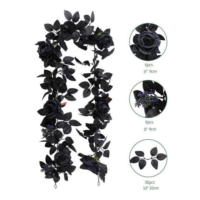 Chendee Halloween Garland Black Artificial Flowers Fake Roses Hanging Vines 5.7Ft,E