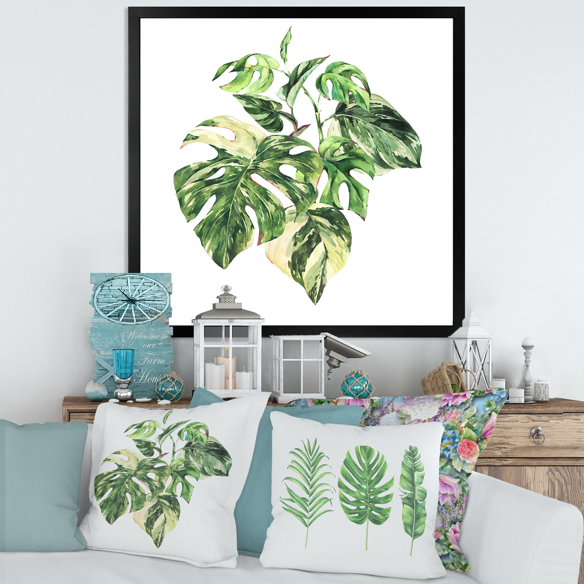 Designart 'Tropical Green Leaves On White In Summer Times I' Tropical Framed Art Print
