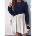thumbnail image 6 of Women'S Color Block Round Neck Long Sleeve Ruffle Hem Casual A Line Short Dress Navy Blue M, 6 of 7