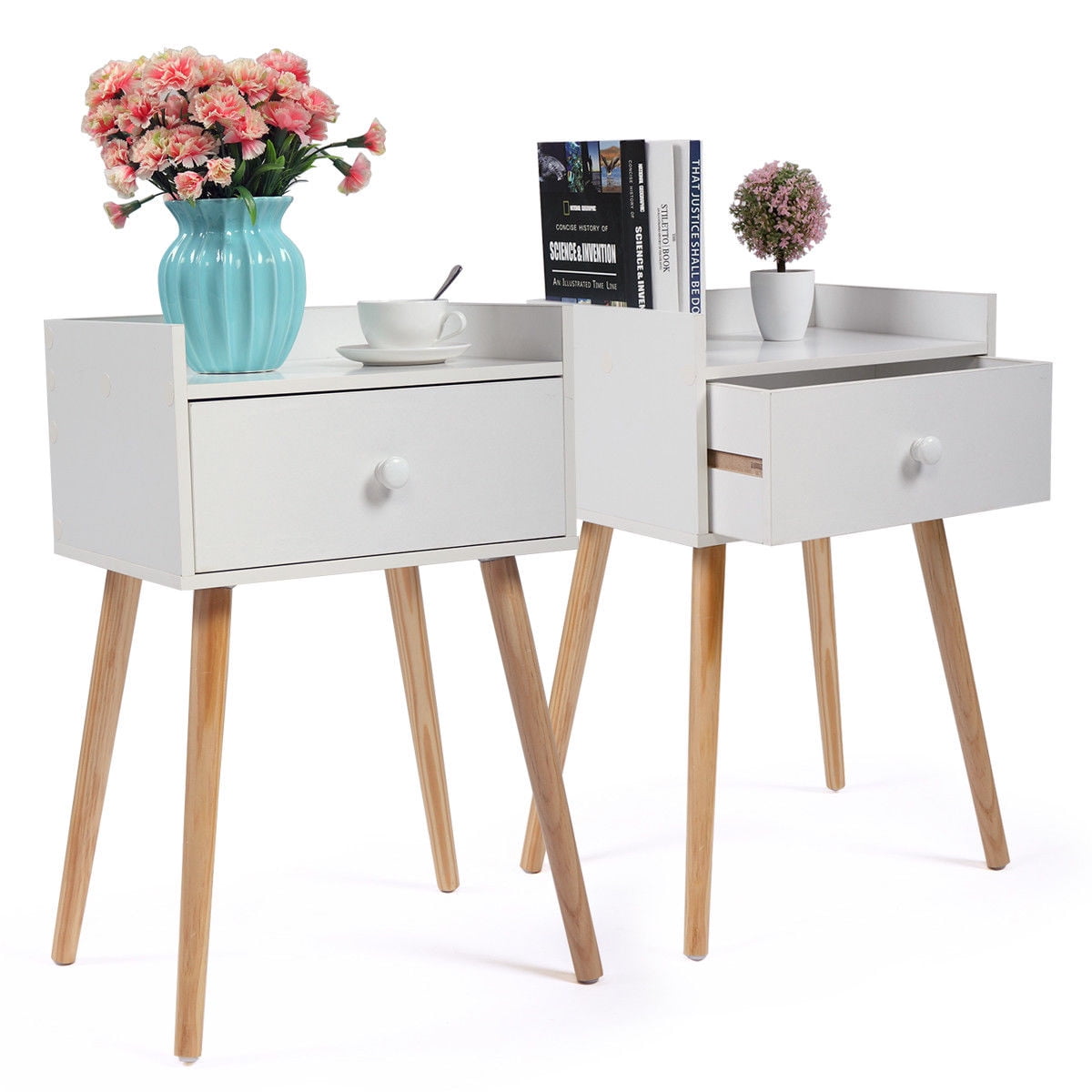Set of 2 End Bedside Table Solid Wood Legs Nightstand with White Storage Drawer 