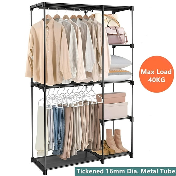 Support à Vêtements en Métal avec 2 Tringles et 4 Tablettes, Organisateur de Garde-Robe/penderie Portable de 45 Pouces de Large, Portant à Vêtements Étagère à Vêtements, Noir