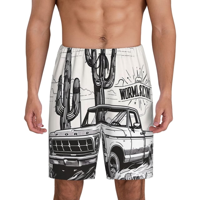 Fotbe Vintage Cactus Pickup Pantalones Cortos de Pijama para Hombre, Ropa de Dormir, Pantalones de Pijama Cortos para Hombre-Small