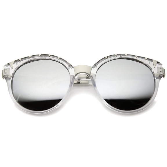 sunglassLA Unisex Women's Oversize Triangle Detail Round Cat Eye Sunglasses (Clear-Silver / Silver Mirror) - 55mm