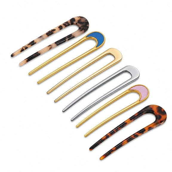 BlinkLLX 6 Pcs U Shaped French Hair Pin French Hair Tortoise Shell Fork Sticks 2 Prongs Updo Chignon Pins for Women Styling Accessories