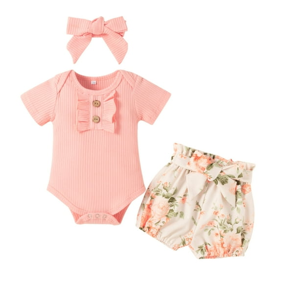 Dooleck Baby Girl Summer Clothes Floral Outfit Infant Ribbed Bodysuit Bow Shorts Set