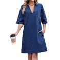 thumbnail image 3 of Vestido Camisero Vaquero para Mujer, de Verano, con Cuello en V, Minivestido Informal con Bolsillos. Azul Oscuro S, 3 of 9