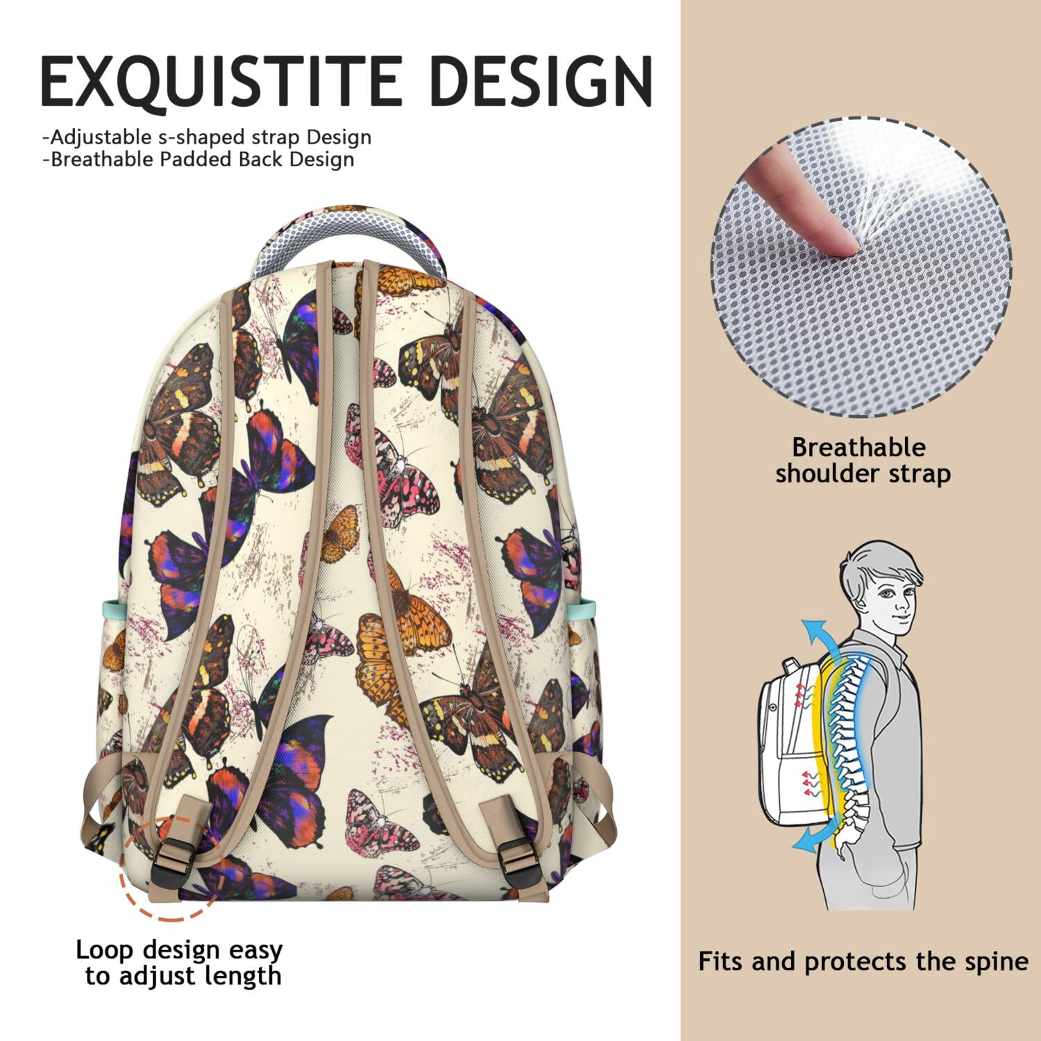 "Stylish Butterfly Design College Backpack - Roomy School Bookbag with 15 Inch Laptop Pocket, Water-Resistant, Trendy Bag for Women Students"