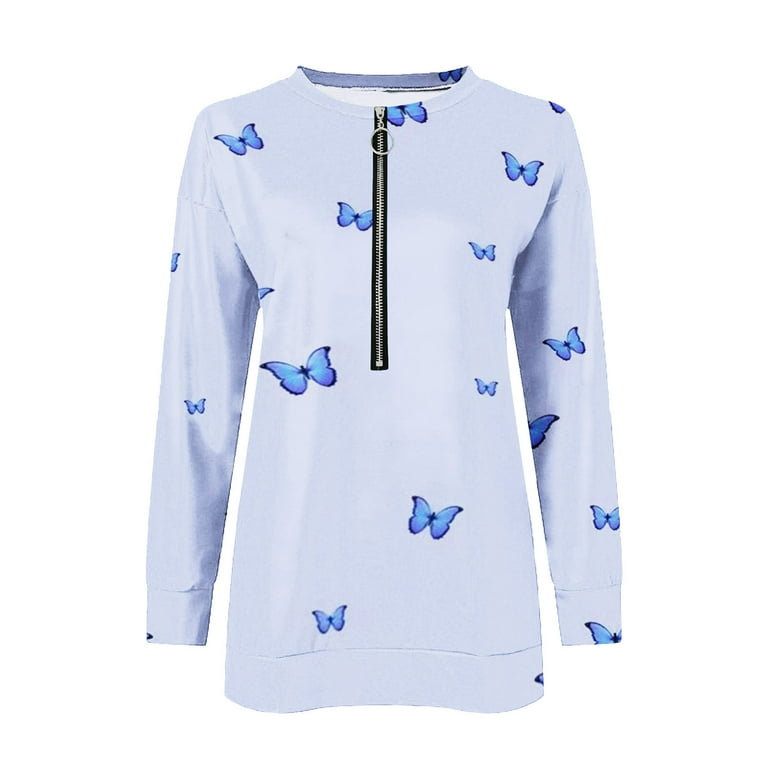 CYMMPU Trendy Blouses Ladies 1/4 Zipper Round Neck Clothing Girls' Feather  Printed Butterfly Floral Graphic Tops Long Sleeve Shirts Casual Sweatshirts  Holiday Tops Blue S 