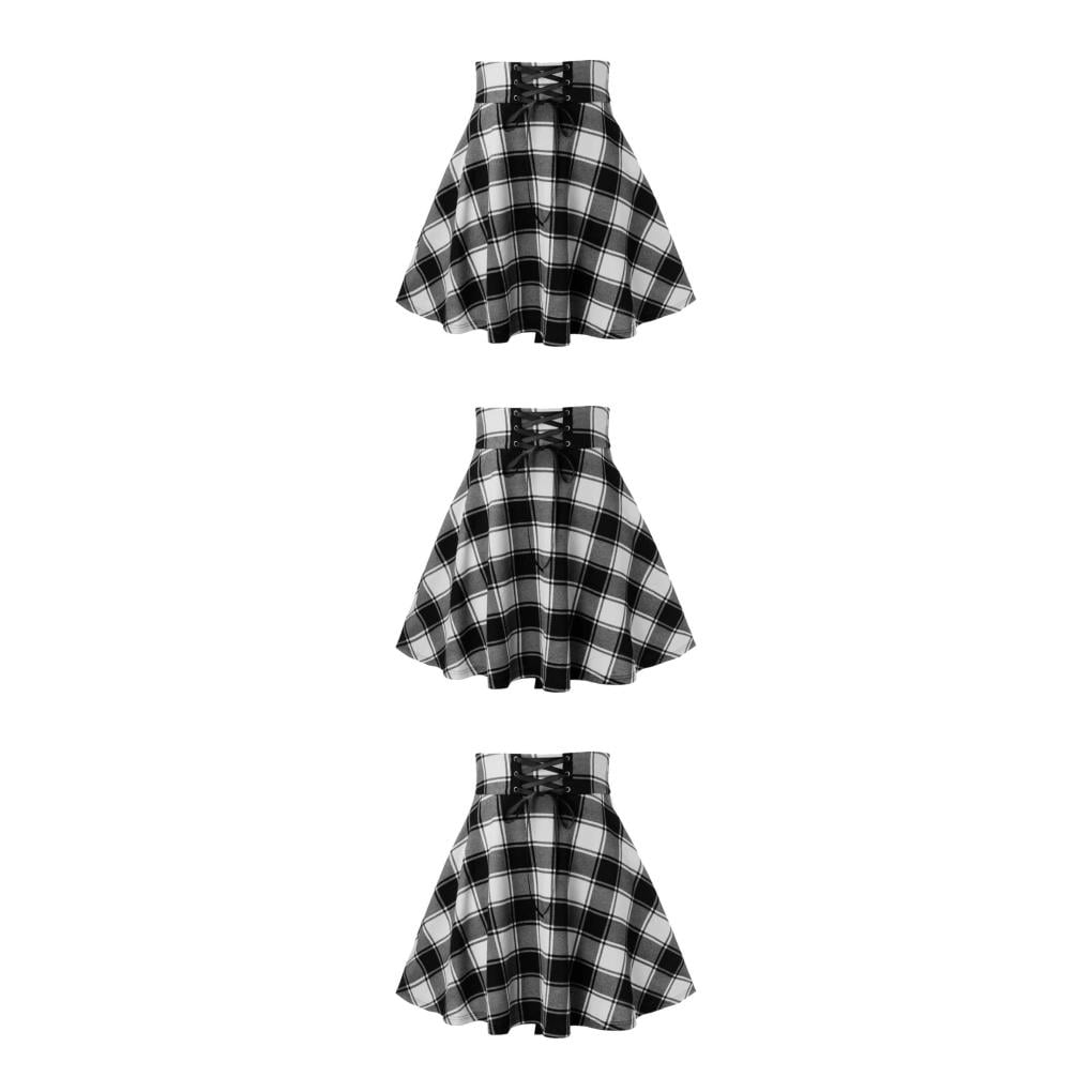 yingyy 1 2 3 Femmes Plaid Jupe Courte Plissee Bas Printemps Automne Fille Minijupe Punk Style Vintage Cordon de Serrage Taille Haute Robe Noire 2XL 3PCS Walmart