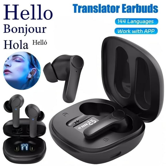 Hello Bonjour Instant Voice Translator Earbuds-144 Languages, 99% Accuracy, 4 Translation Modes, Noise Reduction,USB Charging, Comfort Fit for Sports,Music And Phone Calls,Business & Travel-(Black)