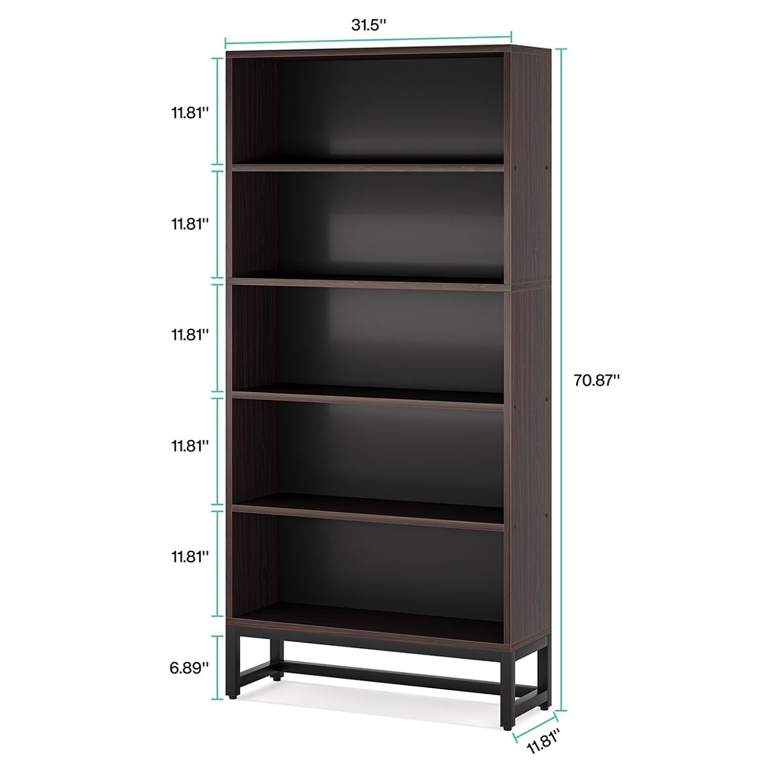 Demi Bonn 5-Tier Bookcase, Wood and Metal Bookshelf Storage Organizer, 70" Tall Display Standing Shelf Unit for Bedroom, Living Room, Black