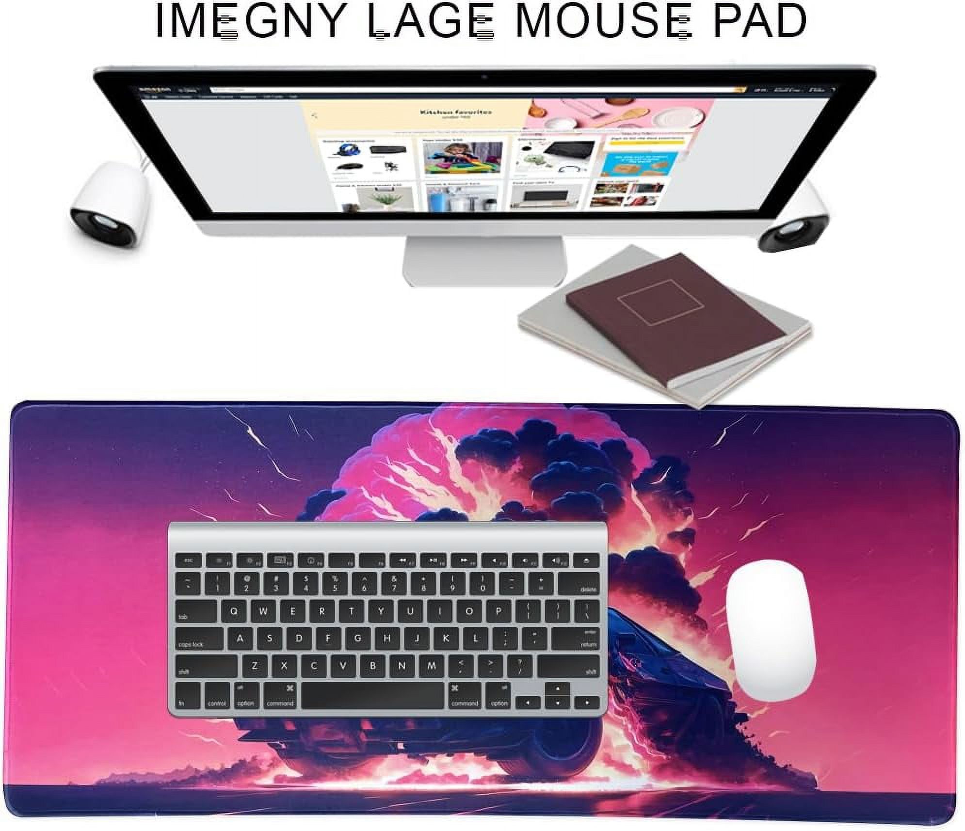 Large Gaming Mouse Pad, Extended XXL Desk Pad & Non-Slip Rubber Mat for Mice and Keyboard with Stitched Edges (90x40 retrowavecar013)