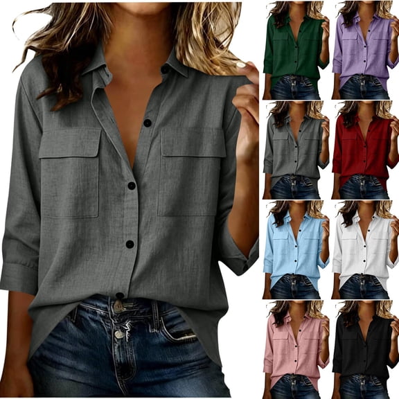 Stamzod Shirts for Women 3/4 Sleeve Button Up Shirt with Pocket Dressy Casual Ladies Tops and Blouses Wine XL