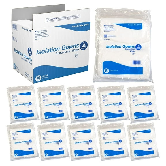 Dynarex Isolation Gowns - Full-Length, Max-Coverage Disposable PPE Hospital Gowns - Non-Woven, No Latex - White, Small, 1 Case - 10 Bags of 5
