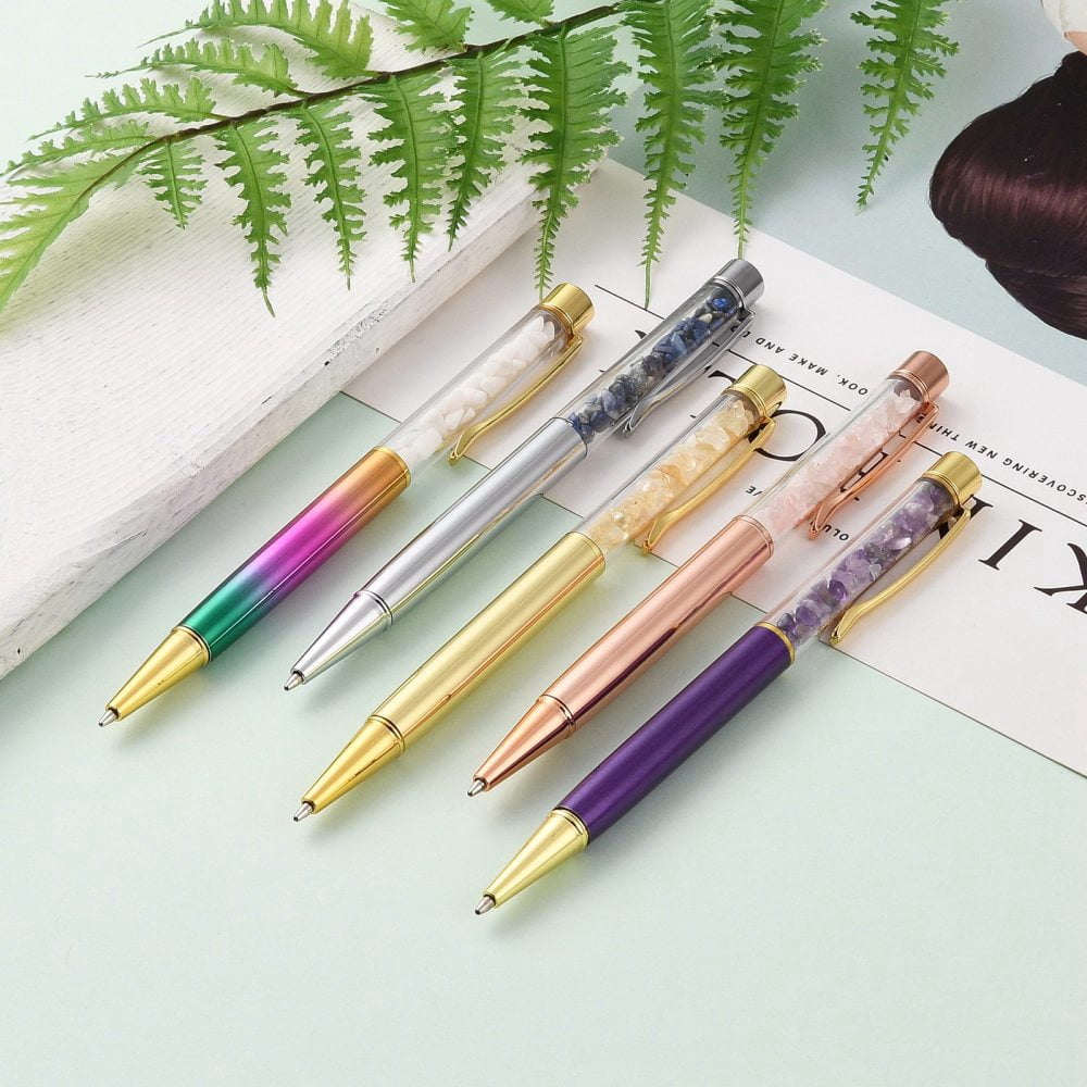 15pcs Ballpoint Pens with Mixed Stone Chip Beads 14.1x1.3x0.95cm