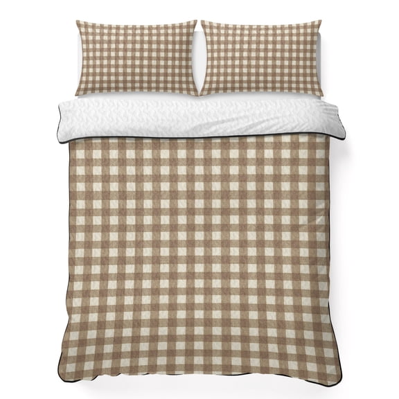King Quilt Bedding Set, Fall Brown Beige Buffalo Plaid 3 Piece Bedding Set Lightweight Breathable Quilt with 2 Pillow Shams, Rustic Check Minimalist Art Soft Summer Comforter for Hot Sleepers