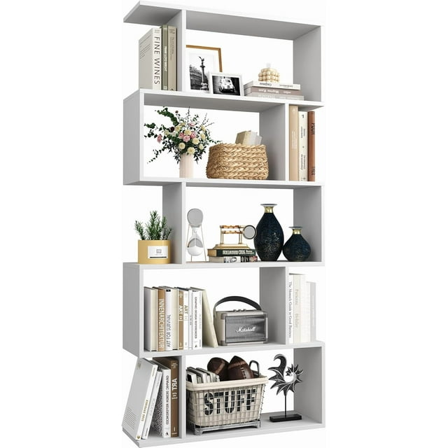 Bookshelf Geometric Bookcase S Shaped Book Shelves Unit for Living Room Tier Tall Decorative Display Shelf for Bedroom Study Room Rustic