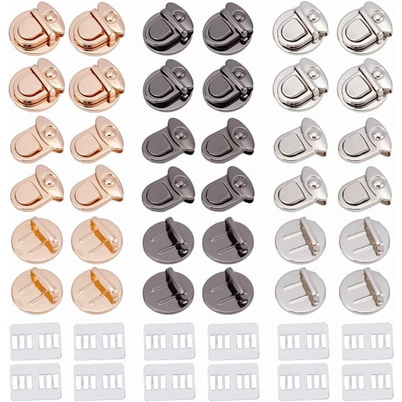 12 Sets 3 Colors Tuck Lock Clasp Catch Iron Purse Thumb Locks Metal Press Lock Fasteners for Leather Bag Case Clasp Hangbag Purse 1.3x1.2x0.7 Inch