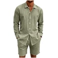 thumbnail image 2 of Maqroz Mens 2 Piece Outfits 2 Piece Casual Long Sleeve Summer Set Button Down Lapel Shirt & Elastic Waist Shorts Solid Lightweight Formal Dailywear, 2 of 9