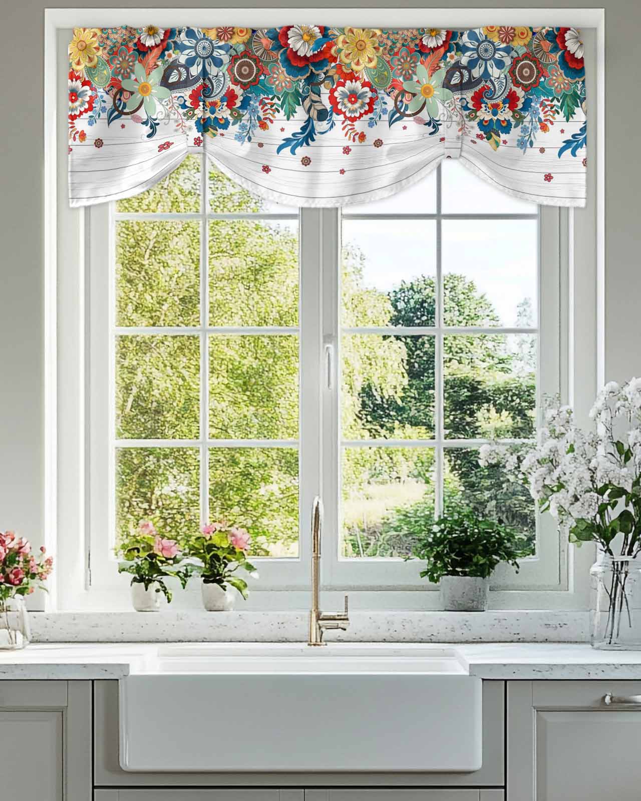 Boho Floral Tie Up Valances Curtain, Adjustable Kitchen Abstract Bohemian Bloom Flower Colorful Plant Wood Valances for Windows Decor, Rod Pocket Short Curtains Set for Bedroom/Bathroom, 54"x18"