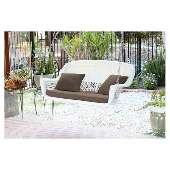 Jeco White Wicker Steel Brown Cushion Porch Swing, White