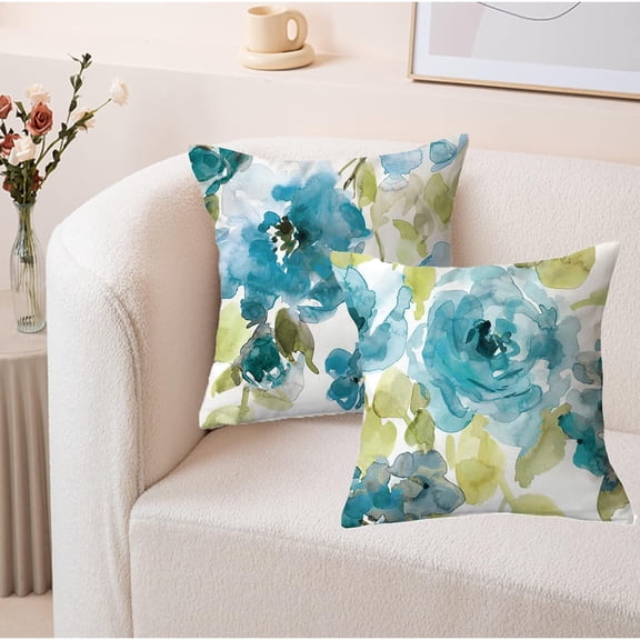 Watercolor Floral Leaves Abstract Plant Print Throw Pillows Modern Art Decoration Square Cushion Case Family Sofa Living Room Outdoor Decor Pillow Case 18x18 Inch Set of 2 (Blue)