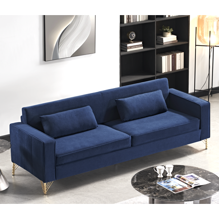 Aesthetic 85.8" Blue Velvet Sofa for Living Room: Luxurious 4-Seat Couch, Classic Modern Appeal, Plush Comfort, Easy Care - Perfect for Family Gatherings & Stylish Home Decor