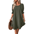 thumbnail image 1 of Vestido Corto Holgado con Mangas Abullonadas, Bajo con Volantes, Cuello Redondo, Fruncido, Color Verde Talla M, 1 of 10
