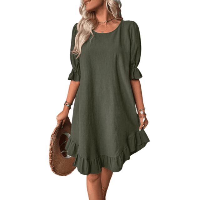 Vestido Corto Holgado con Mangas Abullonadas, Bajo con Volantes, Cuello Redondo, Fruncido, Color Verde Talla M