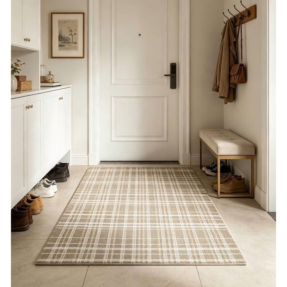 Plaid Indoor Outdoor Rug 4x6 Ft, Beige and White Checkered Washable Carpet for Living Room Bedroom, Non Slip Patio Entryway Mat, Stain Resistant Low Pile Area Rug