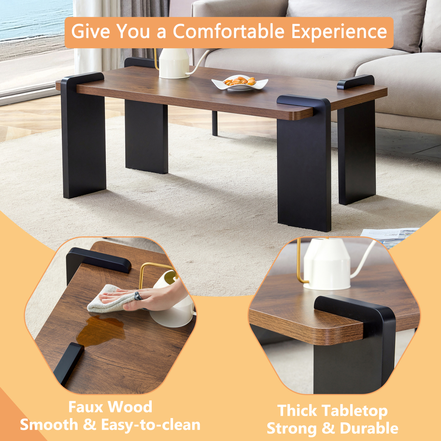 Walnut-colored MDF Coffee Table Modern Minimalist Design, Perfect for Small Spaces and Cozy Living Rooms (39.3*23.6*17.7in)