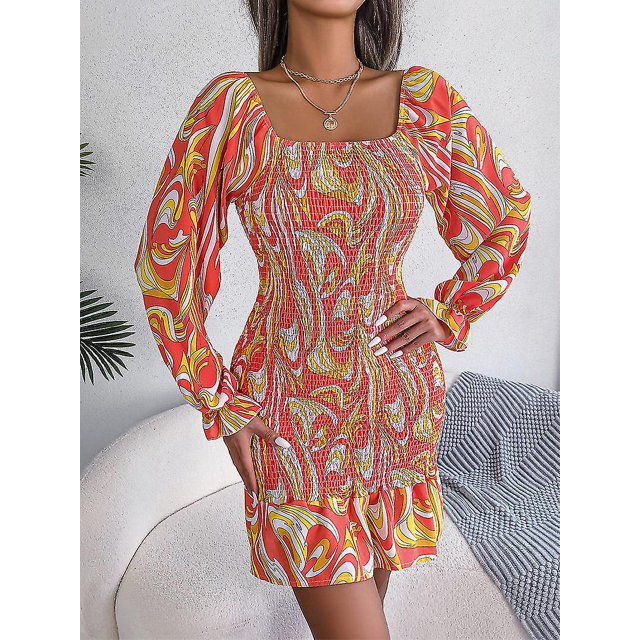 2022 Printemps Femmes Robe Mini Moulante à Manches Longues Col Carré Automne Élégante Plissée Imprimée Florale