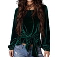 thumbnail image 3 of Asxite Women Fall Winter Tops Round Neck Long Sleeve Velvet Drawstring Detail Solid Fashion Shirts, 3 of 6