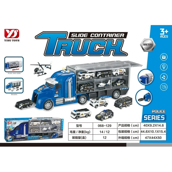 16 in 1 Police Rescue Truck Toy Set with Sounds and Lights, Mini Vehicles in Carrier Truck, Play Police Patrol Rescue Vehicle Toy, Birthday Gifts for Over 3 Years Olds