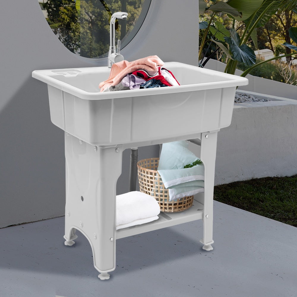 Freestanding Laundry Sink with Faucet, 31.5" Utility Sink with Removable Washboard & Storage Shelf, Heavy Duty Plastic Utility Tub for Laundry Room Garage Basement Pet Wash
