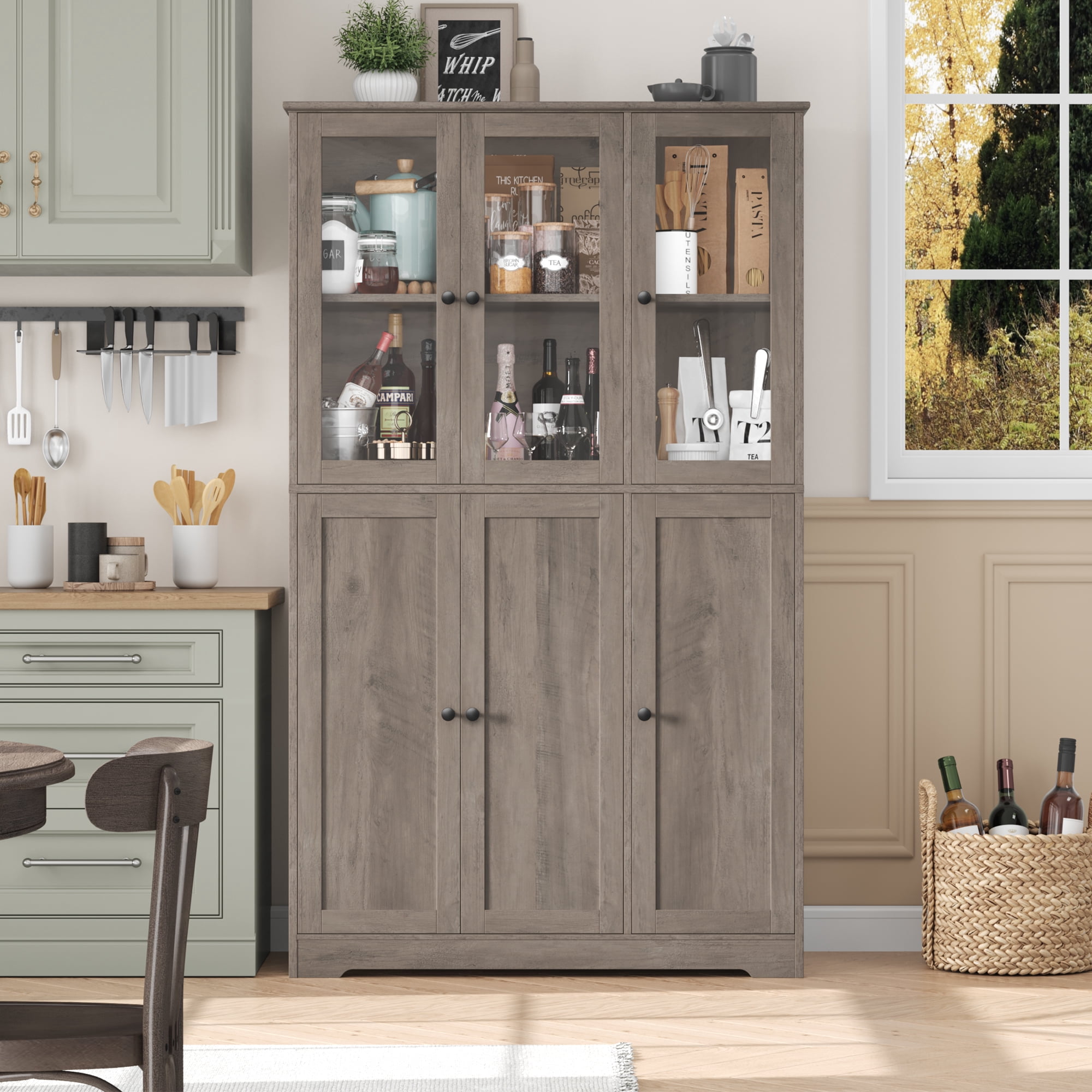 Homfa 69" Tall Bookshelf, 5-Tiers Large Bookcase with Glass Doors and Hutch Storage Cabinet for Living Room Kitchen Office, Gray