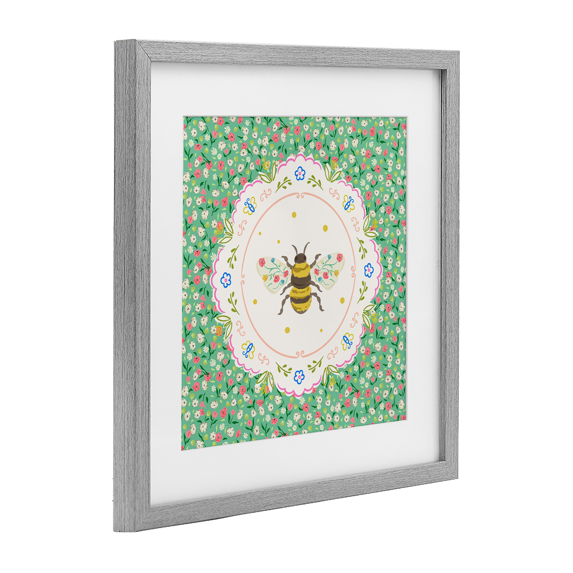 Spring Bee Delicate Florals Gray Framed Print Under Glass, design by Angela Steahling